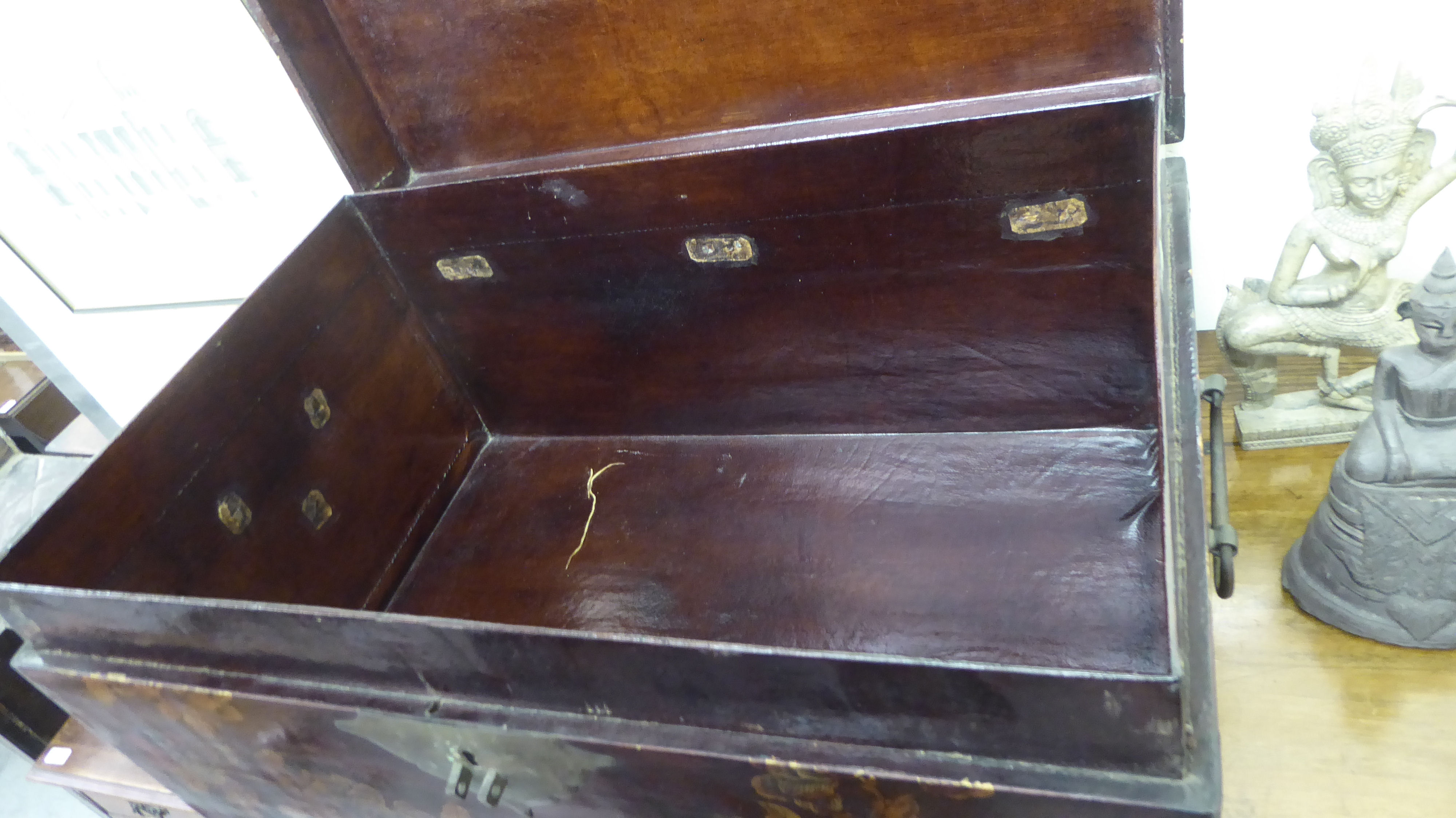 A 20thC Chinese painted blanket chest with straight sides and a hinged lid, on a plinth  14"h  27"w - Image 5 of 5