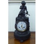 A reproduction of a 19thC French bronzed finished mantel clock; faced by a Roman dial  14"h
