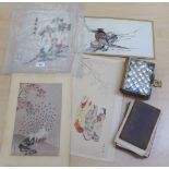 A mixed lot: to include an early 20thC embroidered Japanese cloth, depicting herons  8" x 12"