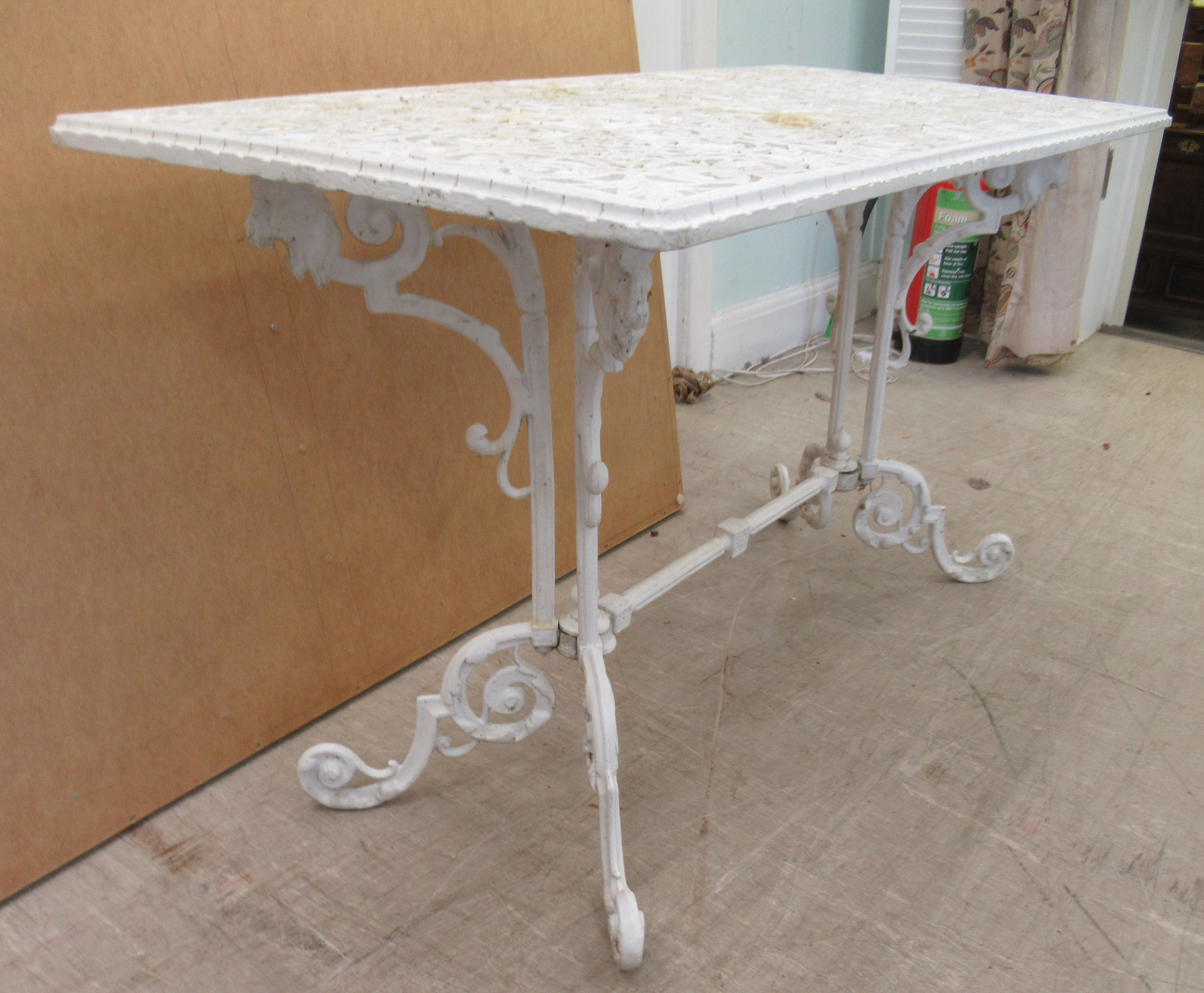 A Victorian style white painted cast metal terrace table, raised on pillar supports and C-scrolled - Image 3 of 3