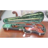 A violin, having a purfled edge and a two piece back  14"L with a bow and fabric lined hard case
