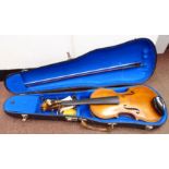 A William Old, Falmouth violin with a purfled edge and two-part back  14"L; and a Bausch bow, in a