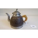 A late 19thC Chinese Yixing and pewter mounted teapot, having an S-shape spout, woven split cane