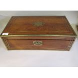 A late 19thC mahogany writing box with inlaid brass string decoration, corners and opposing, flush