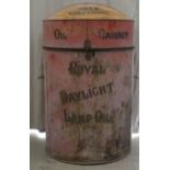 A vintage pink and black painted steel, twin handled 50 gallon Daylight Lamp oil