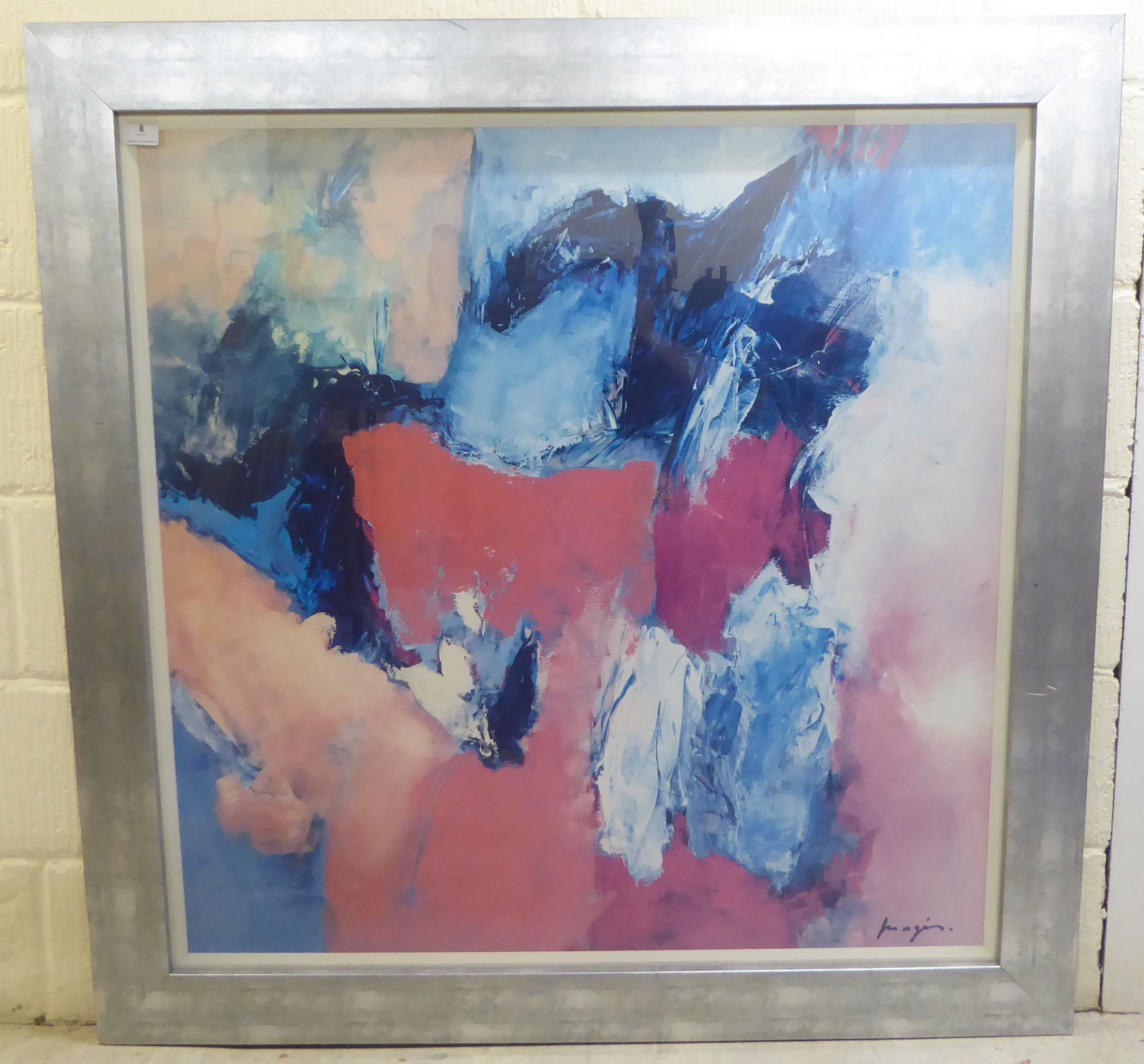 An unidentified artist - an abstract  coloured print  38"sq  framed