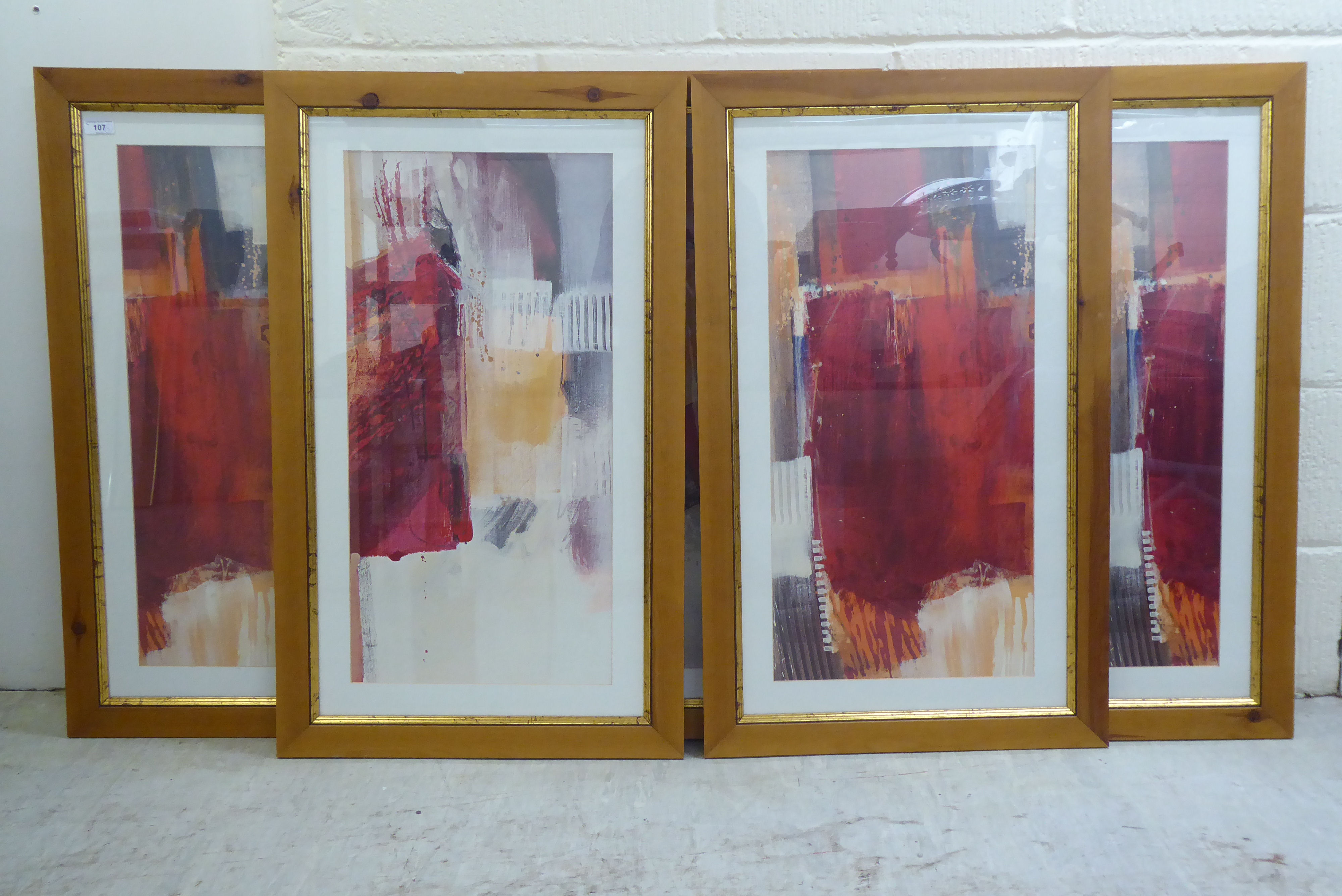 A set of five coloured abstract prints  13" x 27"  framed