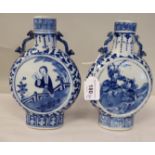 A pair of late Qinglong porcelain moonflasks, respectively decorated in blue and white with a