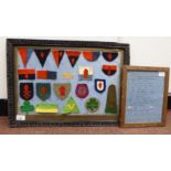 A display of Great War 36th (Ulster) Division military cloth flashes  13" x 19" framed with a