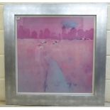 An open field in tones of pink  coloured print  26"sq  framed