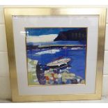 After Jolomo - an estuary scene  Limited Edition 102/195 coloured print  19.5"sq  framed