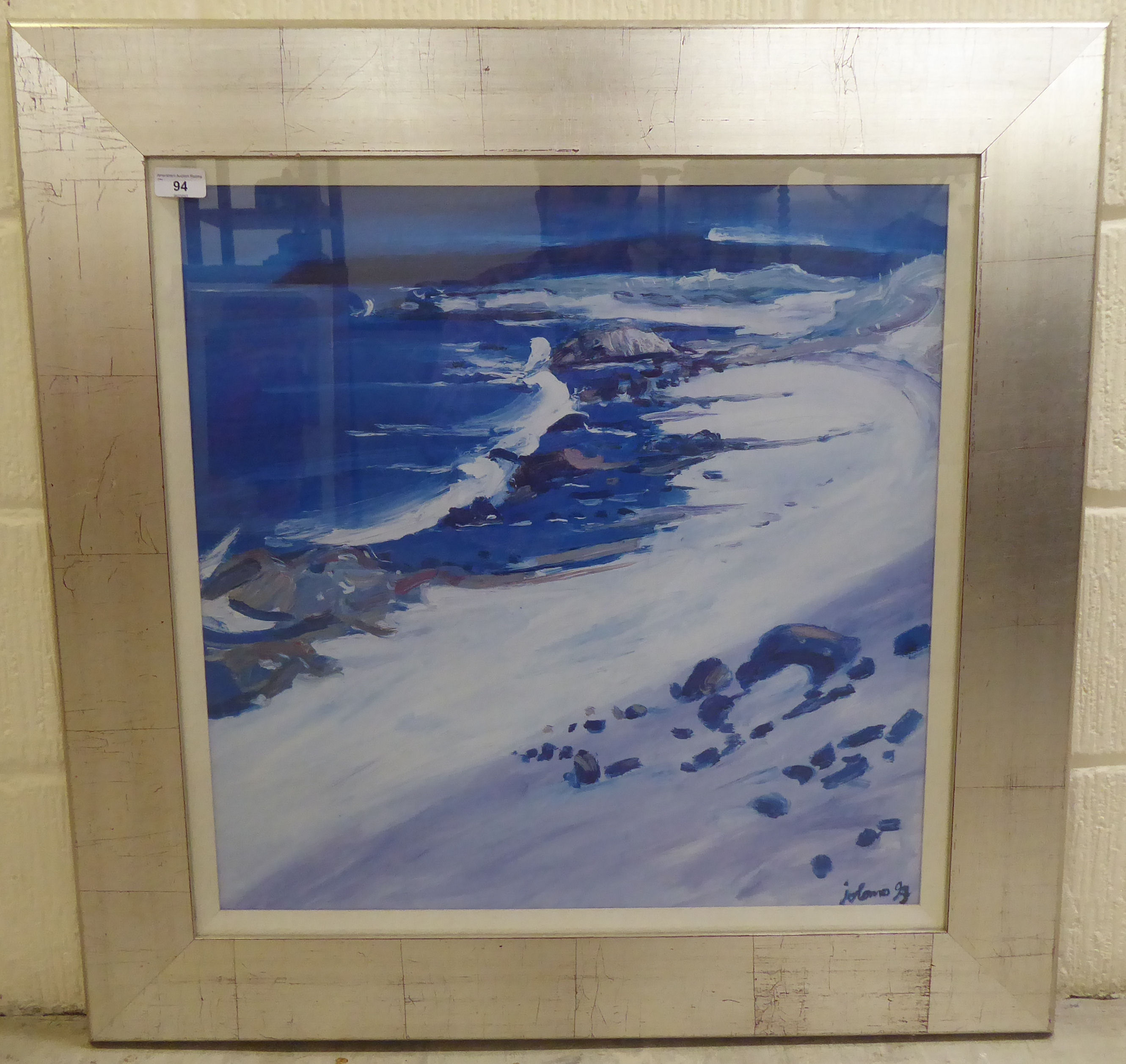 After Jolomo - a shoreline scene  coloured print  23"sq  framed