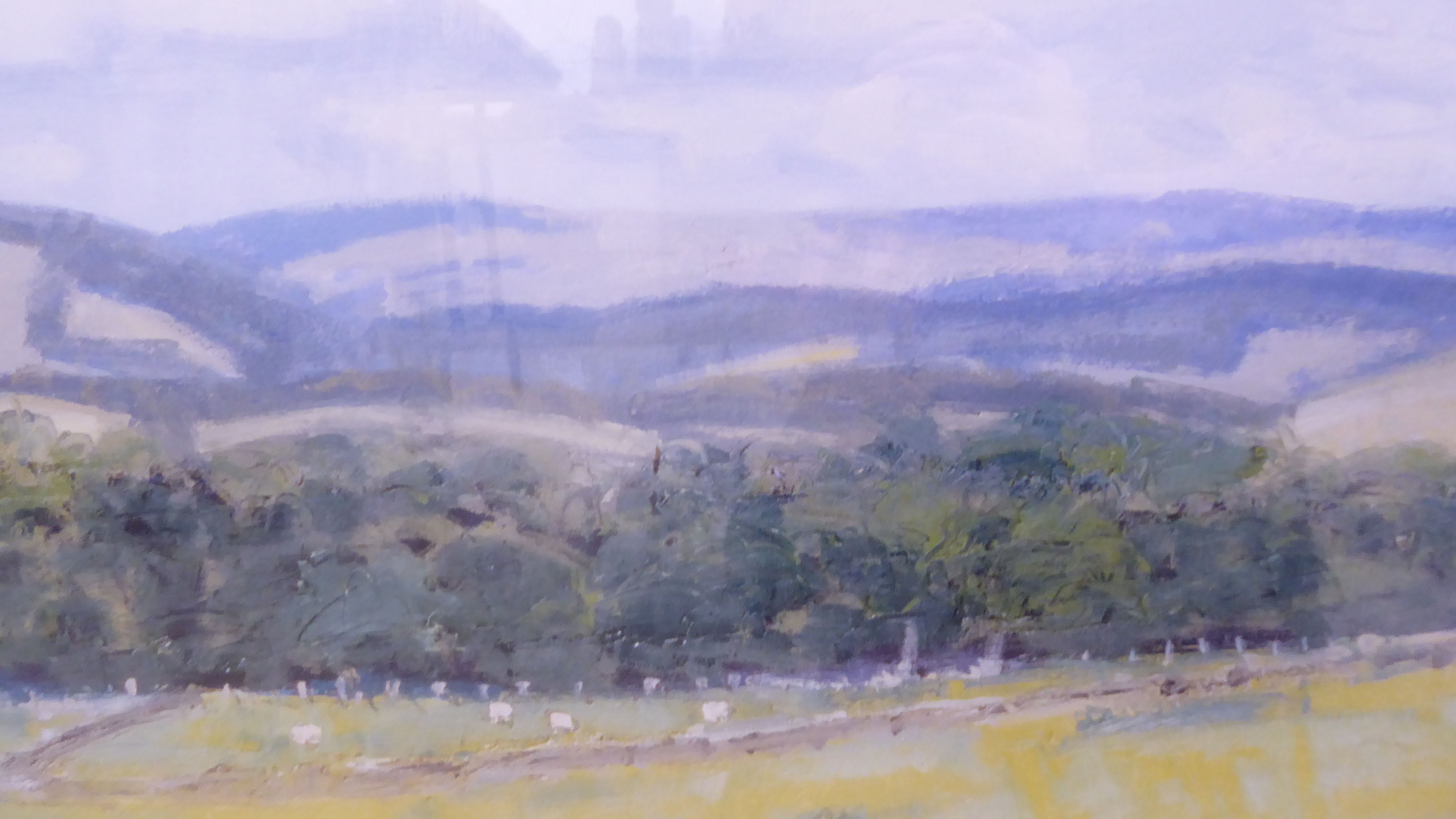 After Simpson - an open landscape with hills beyond  coloured print  26" x 41"  framed - Image 3 of 4