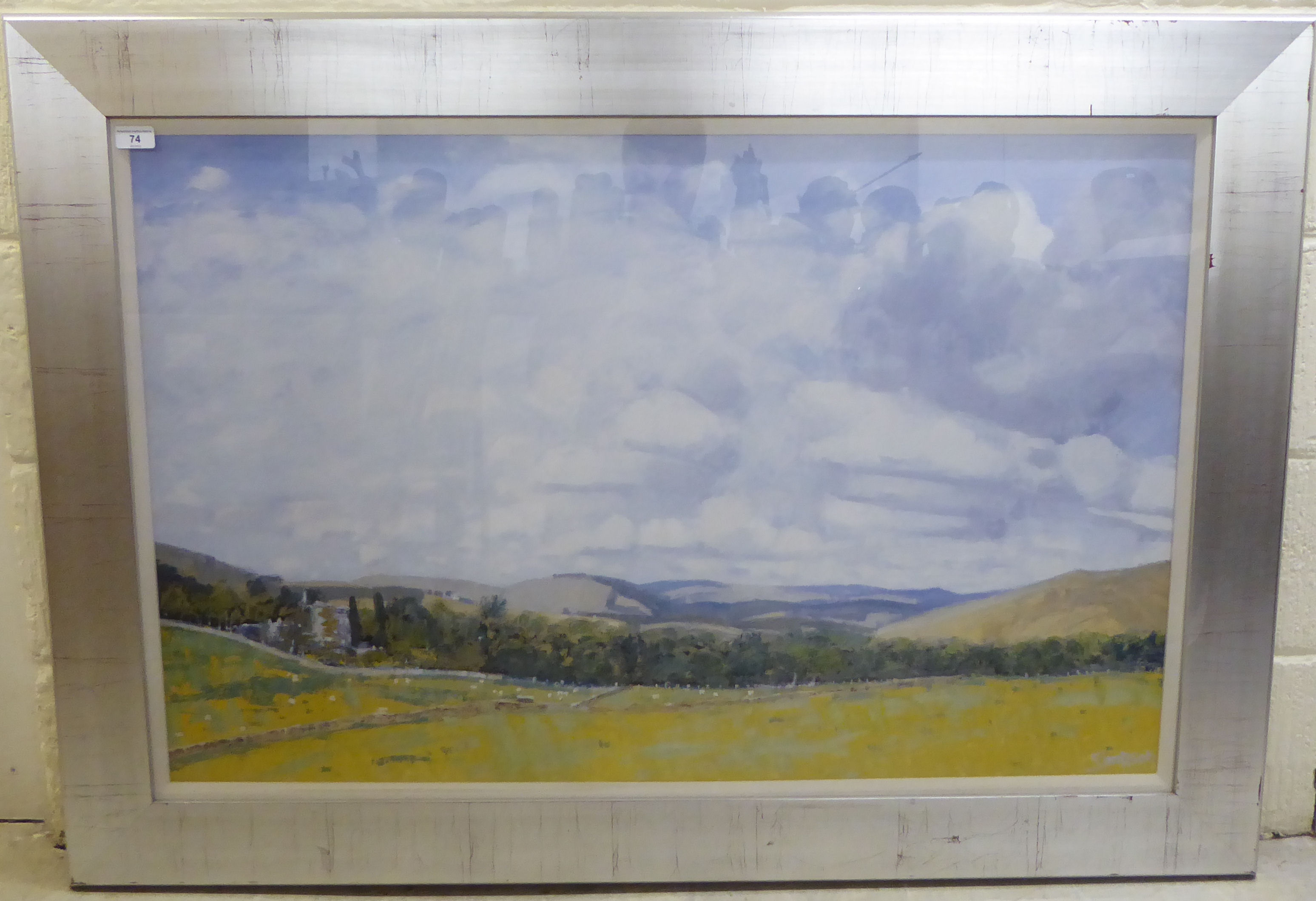 After Simpson - an open landscape with hills beyond  coloured print  26" x 41"  framed