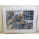 A mixed media collage with an industrial undertone  16" x 23"  framed