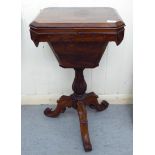 An early Victorian rosewood sewing table, the rectangular box top with canted corners and a