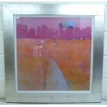 An open field in tones of pink  coloured print  26"sq  framed