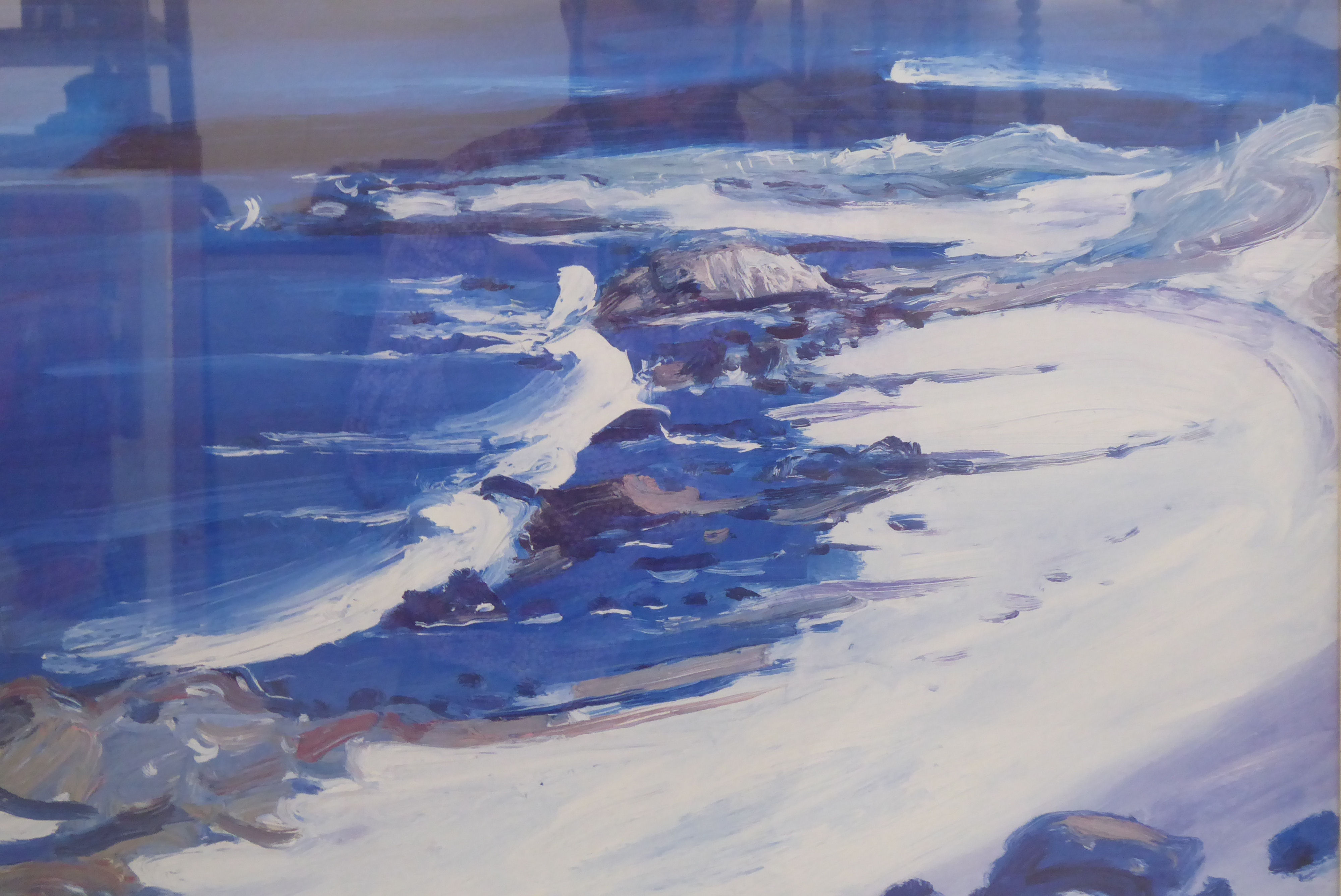 After Jolomo - a shoreline scene  coloured print  23"sq  framed - Image 2 of 4