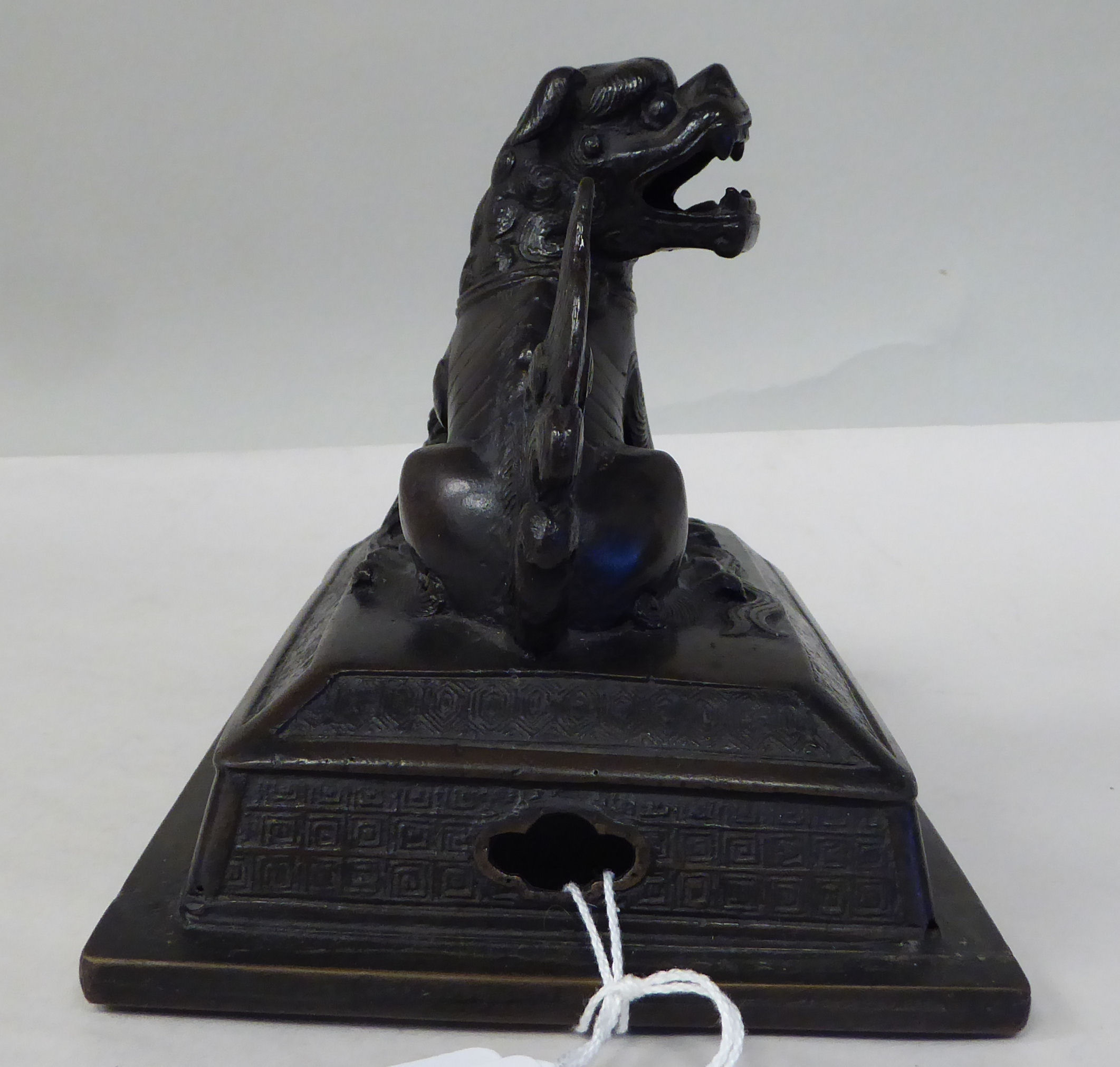 A Chinese cast and patinated bronze censer cover, surmounted by a Dog of Fo  5.5"h - Image 2 of 6