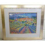 Probably John Holt - a vineyard landscape  mixed media  22" x 17"  framed
