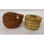 A Chinese carved soapstone water pot  1.75"h; and a pear shaped wooden trinket box and cover, carved