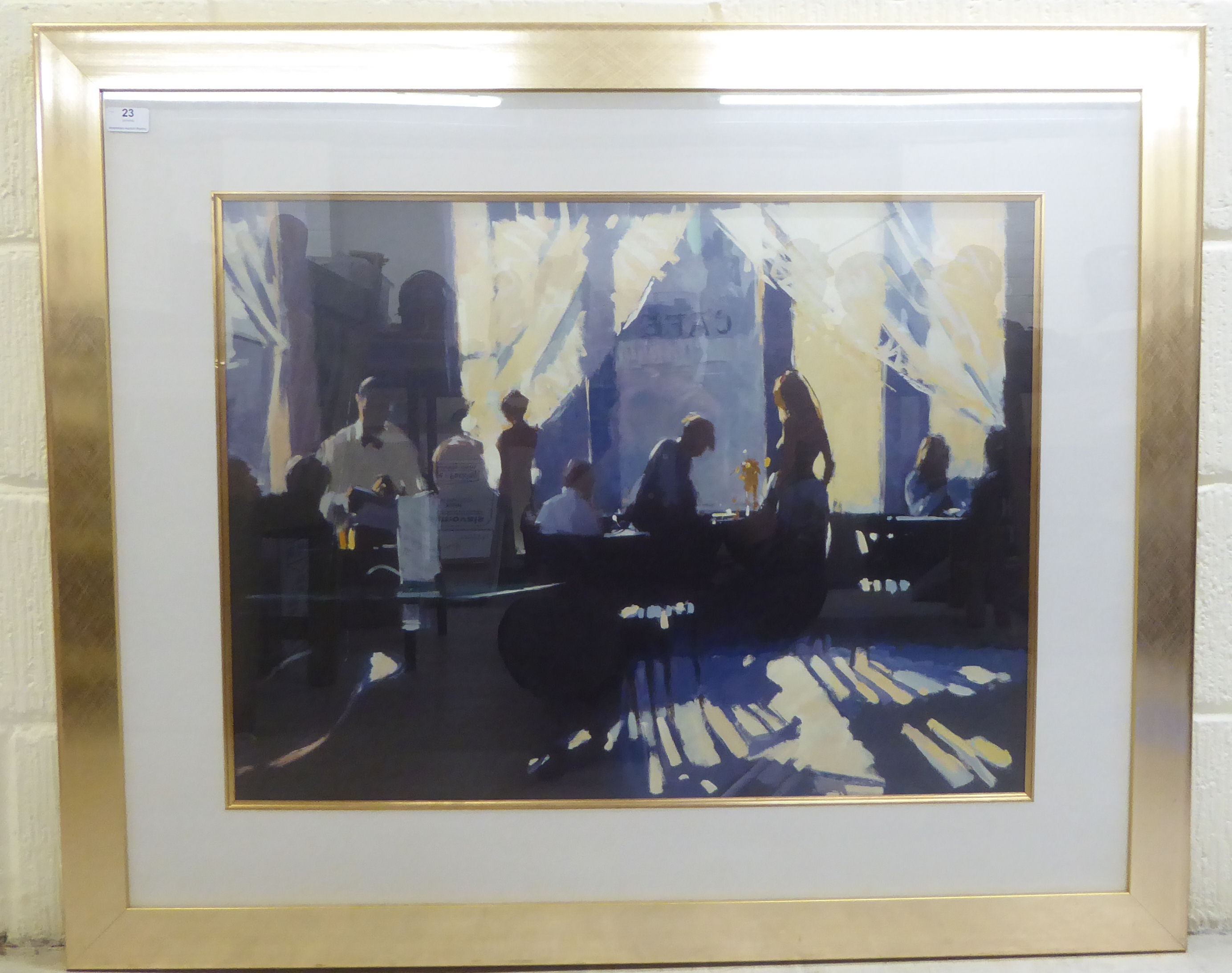 An interior cafe scene  coloured print  22" x 29"  framed
