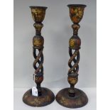A pair of late 19thC Anglo-Indian Kashmiri turned, carved, black lacquered, floral painted and