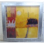 After Marion Ginkel - an abstract with figures, in tones of yellow, red and orange  coloured