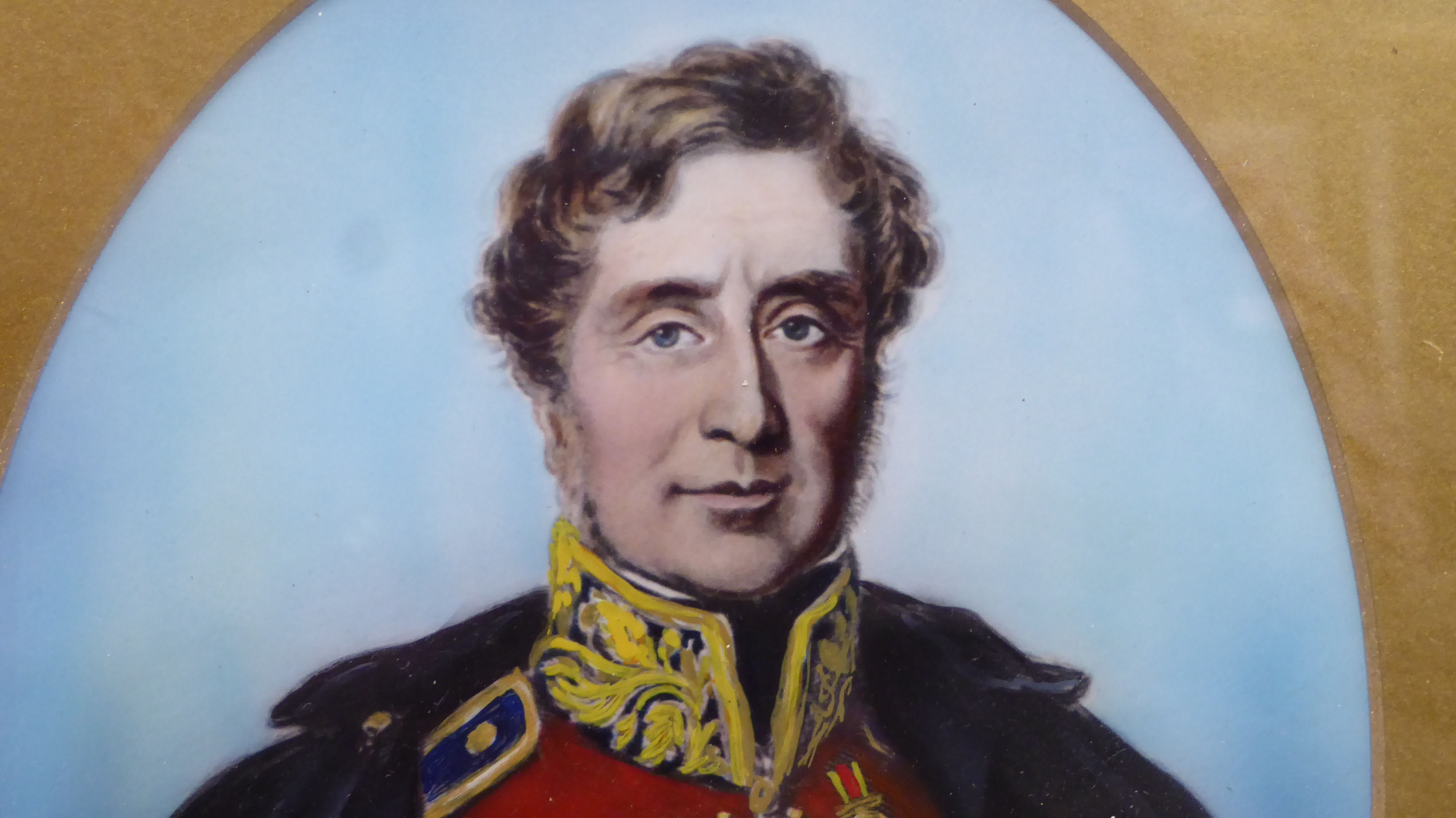 A Georgian/Victorian half-length portrait, a British General  overpainted print  8" x 5.5"  framed - Image 2 of 3