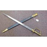 A 19thC cavalry sword bayonet with a brass handgrip and guard, the indistinctly engraved blade 22.