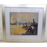 A study of figures on a beach  coloured print  17" x 38"  framed
