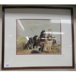 E Gunn - a team of four draft horses working in a landscape  watercolour  bears a signature &