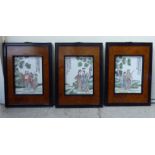 A set of three mid 20thC Chinese porcelain allegorical plaques, depicting figures and text  9" x 11"