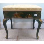 A 1920s chinoiserie decorated green and gilt painted box top piano stool with a hinged lid, raised