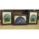 A series of three painted ceramic, six tile pictures of peacocks  24" x 17"  framed