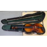 A 20thC violin with a purfled edge and two piece back  14"L with a bow, in a fitted hard carrying