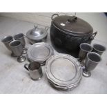 Pewter and other metal items: to include a twin handled cooking pot  17"dia; and pedestal goblets
