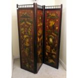 An early 20thC stained pine framed three fold room screen, each panel 68"h  20"w