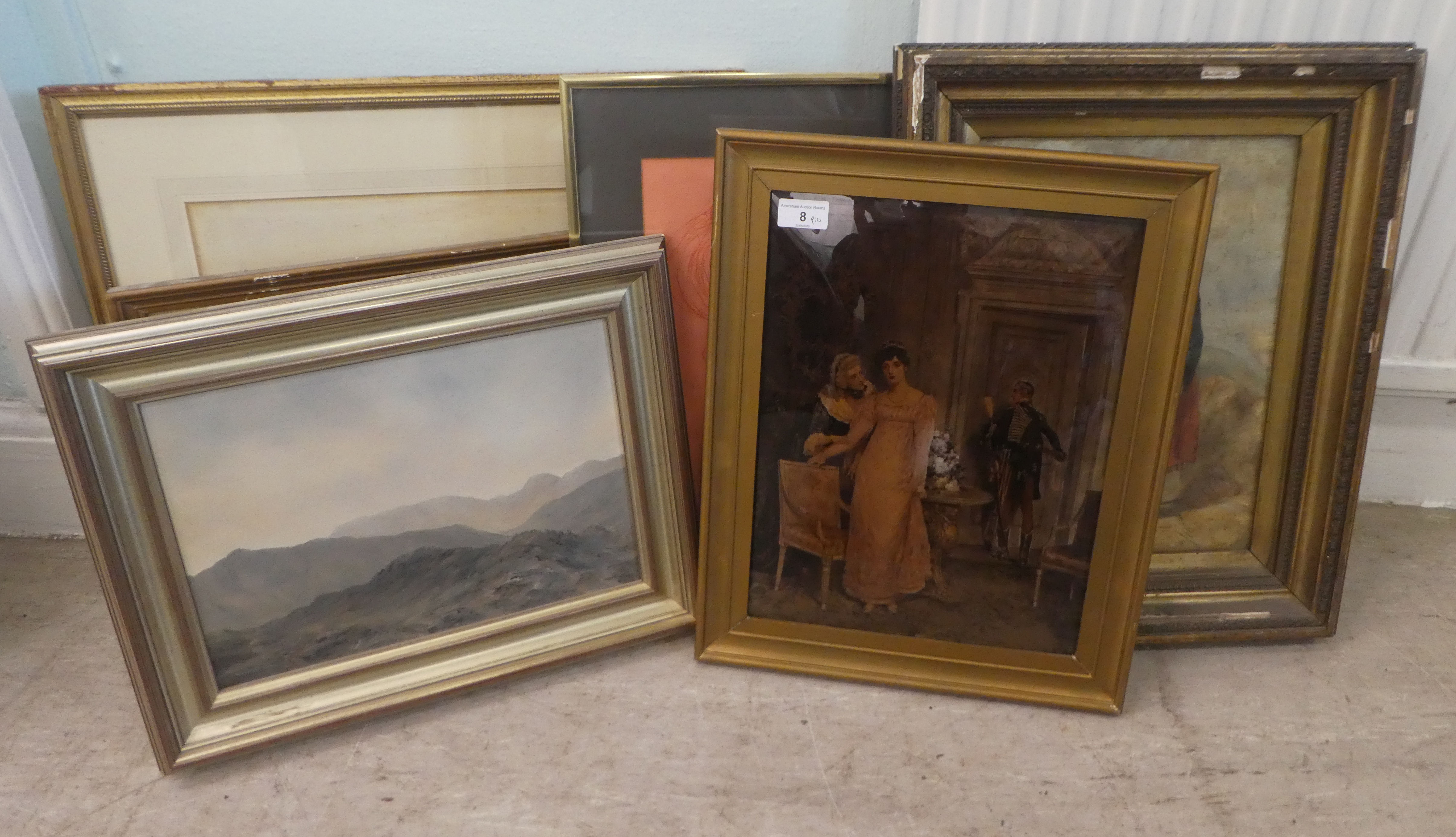 Framed pictures: to include after Glindon - a Victorian interior  crystoleum  11" x 14"
