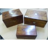 A late Victorian walnut tray fitted jewellery box with a hinged lid  5"h  11"w; a similar oak