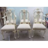 A set of six early 20thC Queen Anne style, off white painted and gilded dining chairs  comprising