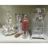 Silver plated table and other wares: to include a late Victorian egg cruet on an attendant stand;