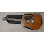 An EKO twelve string accoustic guitar with a soft fabric carrying case