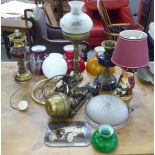 Period and modern lighting: to include oil lamps and coloured ceramic shades