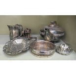 Silver plated tableware: to include a Georgian style teapot; and two cream jugs