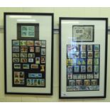 Two framed unused postage stamp collages  12" x 20"