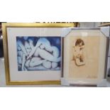 Two framed, mixed media works by Ian Norbury  bearing signatures - a nude  13" x 19"; and a nude