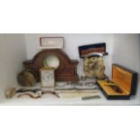 Wristwatches and component parts; a Waterman's pen set; and an Edwardian oak mantel clock case  7"h