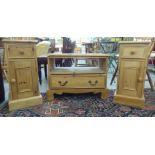 A pair of waxed pine pedestal cupboards, each having a box drawer, over a panelled door, on a plinth