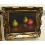 Cotton - a still life study, an apple and two pears  oil on board  bears a signature  7" x 9"